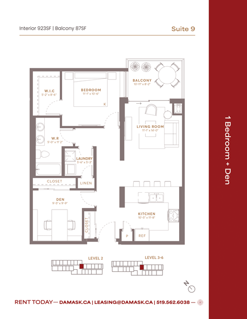Floor plan for 1 bed, 1 bath, 923 sqft
